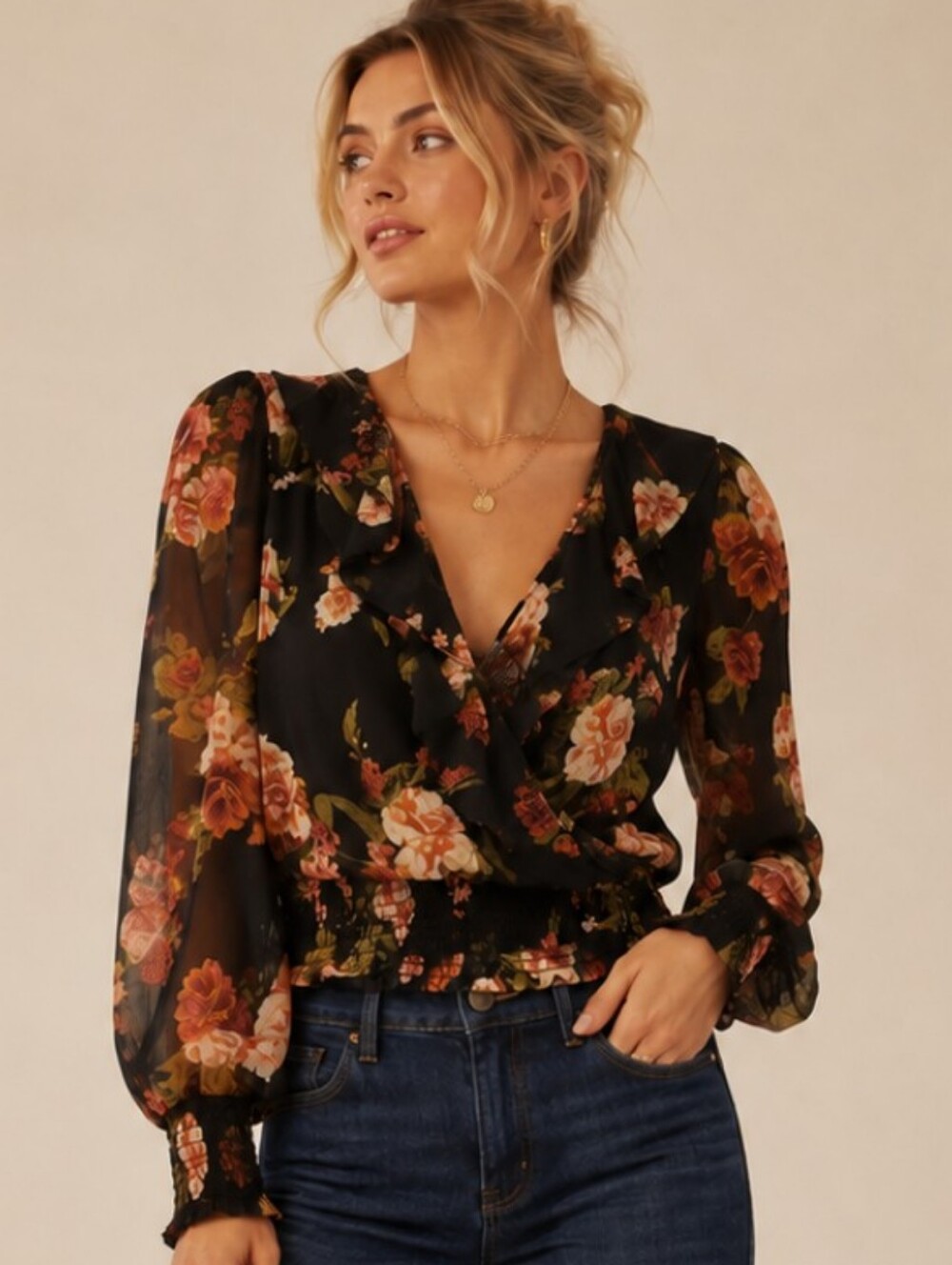 Altar'd State Black Floral Ruffle Blouse Large EUC